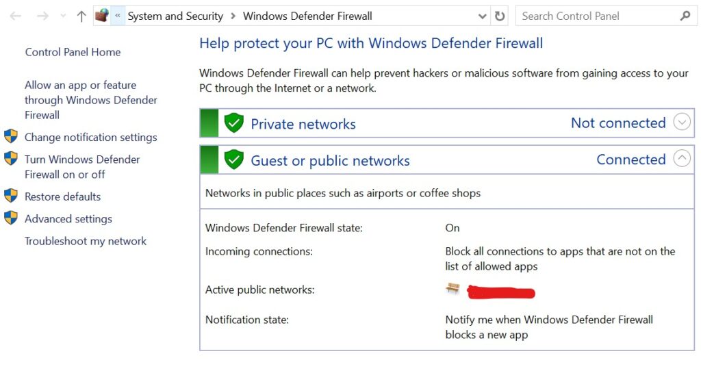 Windows Defender Firewall settings screen showing firewall is on