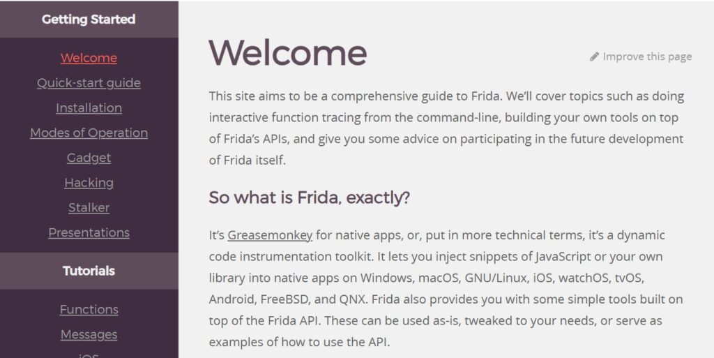 Frida official documentation page describing it as a dynamic instrumentation toolkit