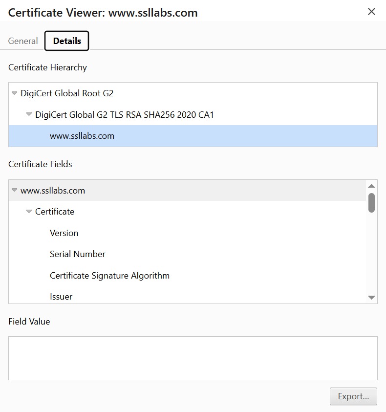 Browser certificate viewer showing the certificate hierarchy and details