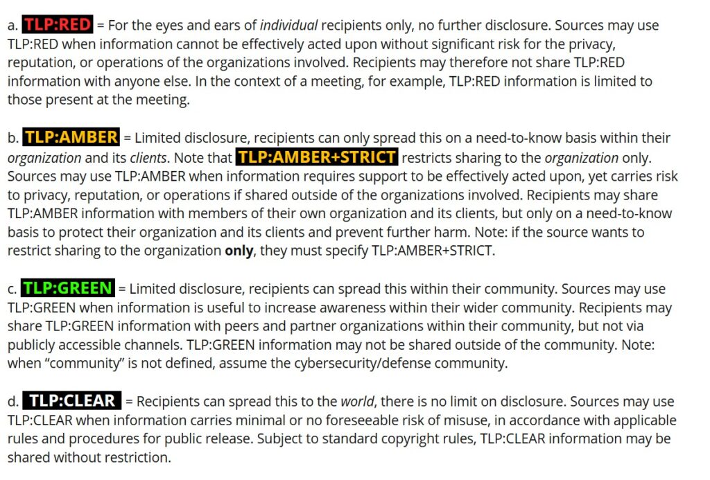 Official FIRST definitions of TLP RED, AMBER, GREEN, and CLEAR levels