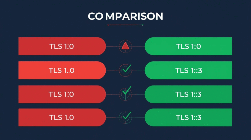 Comparison of vulnerable TLS 1.0 versus secure TLS 1.3