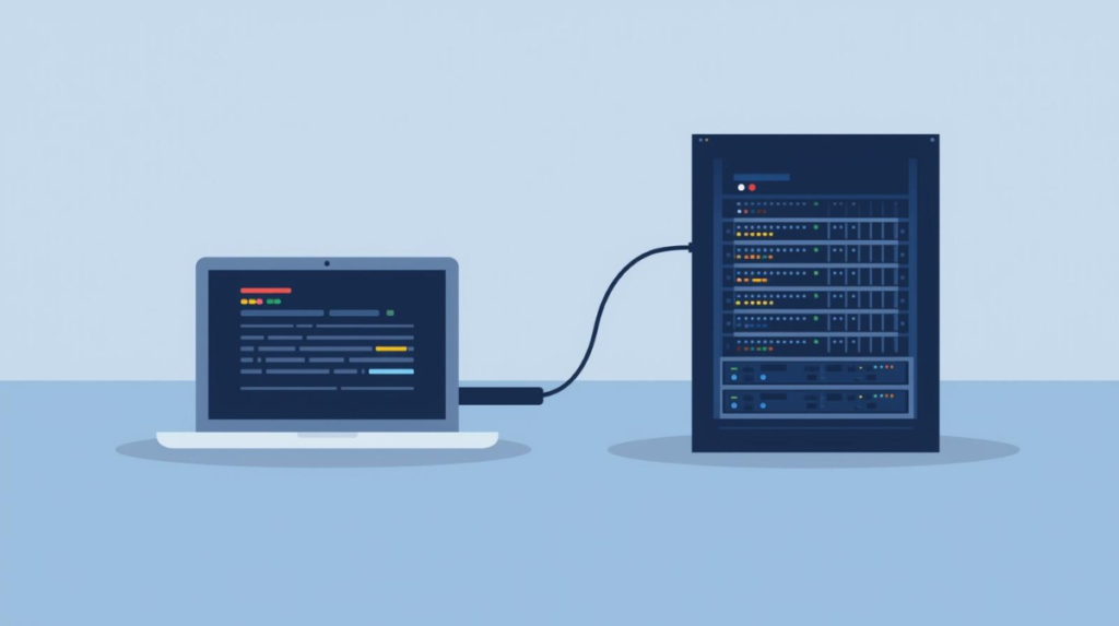 Laptop connected to a FortiGate firewall using a console cable