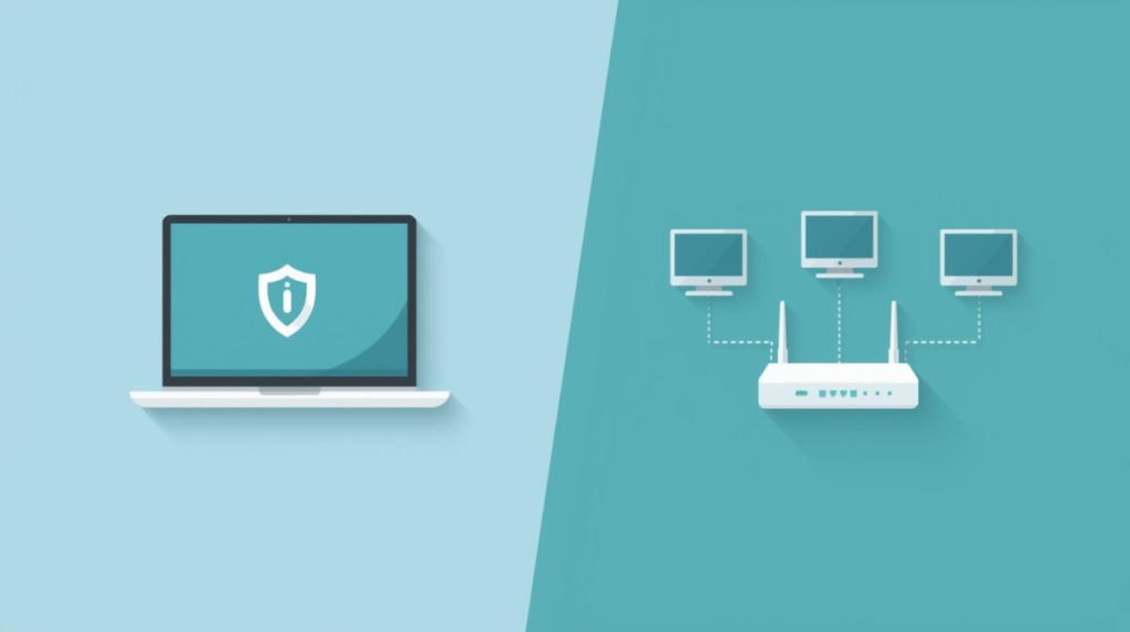 Comparison illustration of a software firewall on a laptop versus a hardware firewall protecting a network