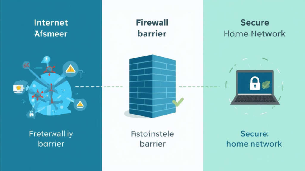 Diagram showing a firewall blocking threats between the internet and a protected network