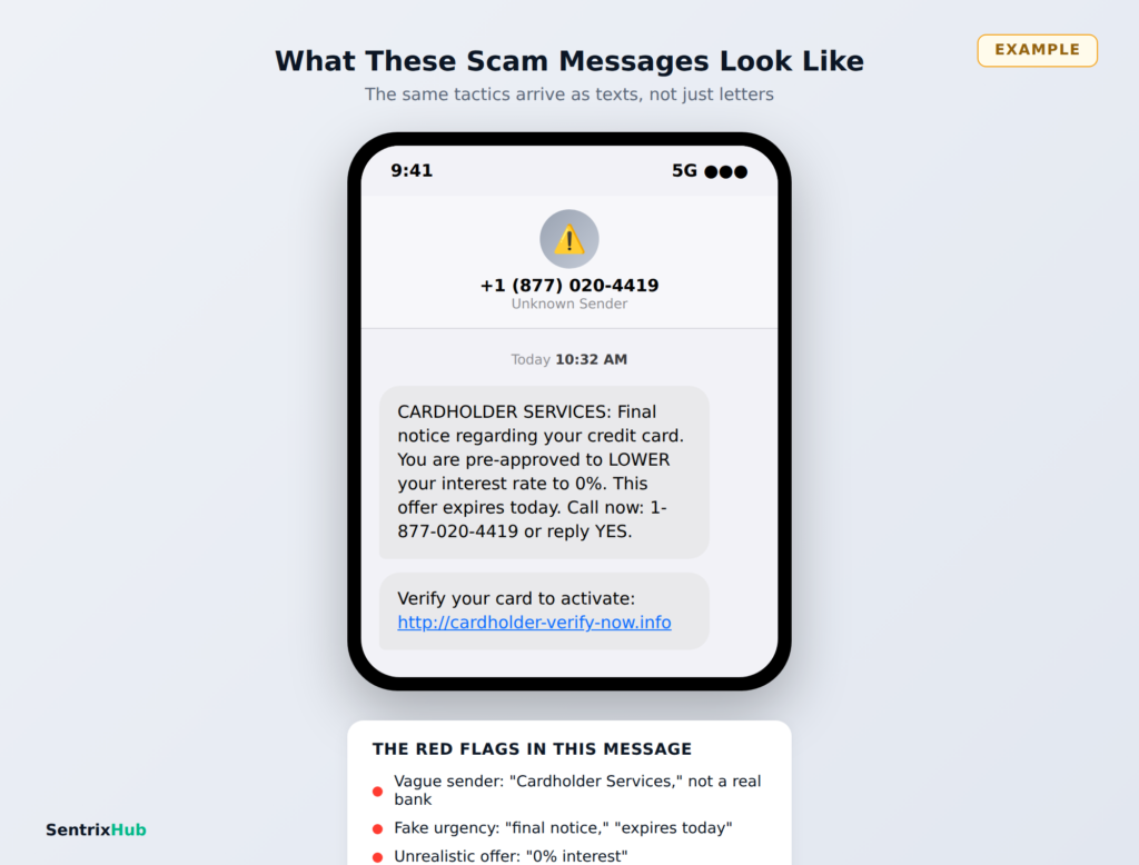 Example of a Cardholder Services scam text message with red flags