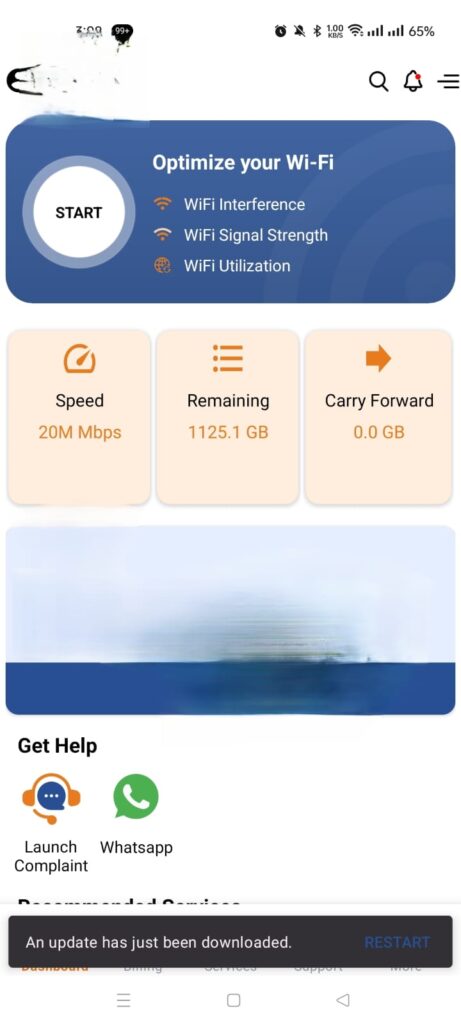 Nayatel app dashboard showing WiFi optimization, speed, and remaining data