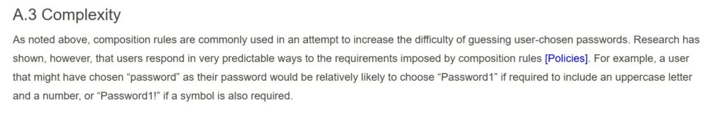 NIST SP 800-63B Appendix A.3 explaining why password composition rules lead to predictable dangerous passwords like Password1