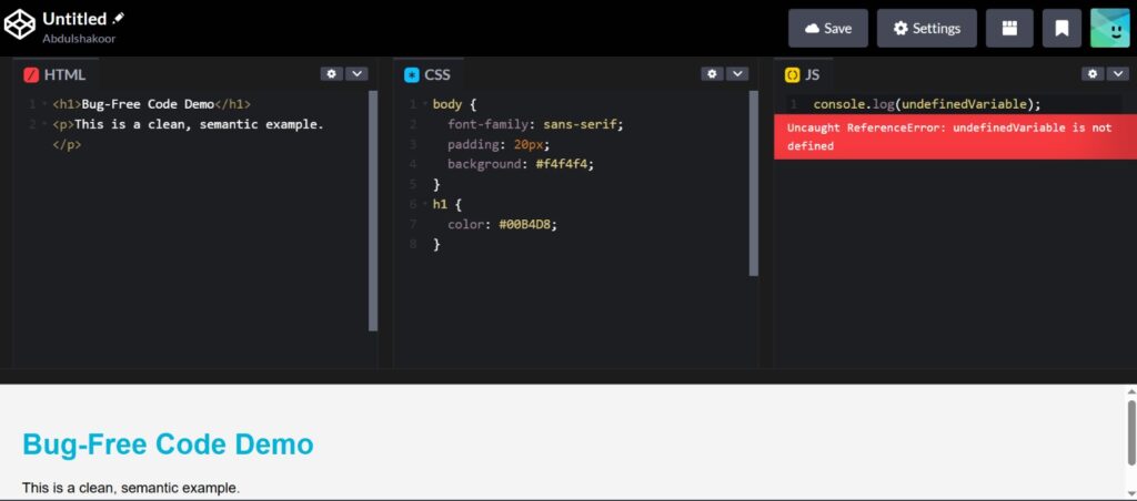 Bug-Free HTML CSS JavaScript CodePen console error example