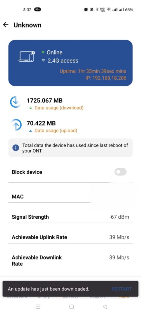 Nayatel app device details showing data usage, signal strength, and block device option for an unknown device