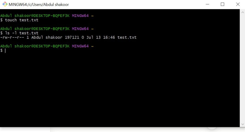 Terminal screenshot showing default Linux file permissions using touch and ls -l commands