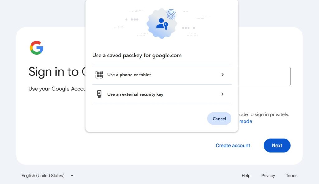 Google sign-in screen offering to authenticate with a saved passkey instead of a password