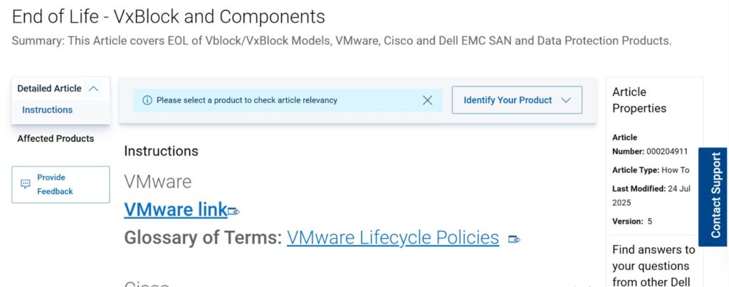 Dell support page titled End of Life VxBlock and Components covering EOL for Vblock and VxBlock models