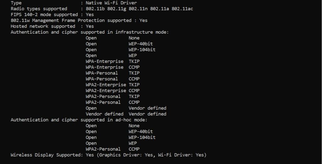 netsh wlan show drivers output showing supported WiFi radio types and WPA3 support