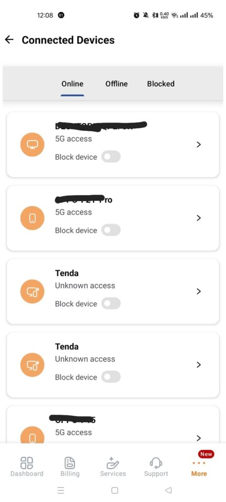 Connected devices list in an ISP app showing multiple phones and computers on a home WiFi network at the same time