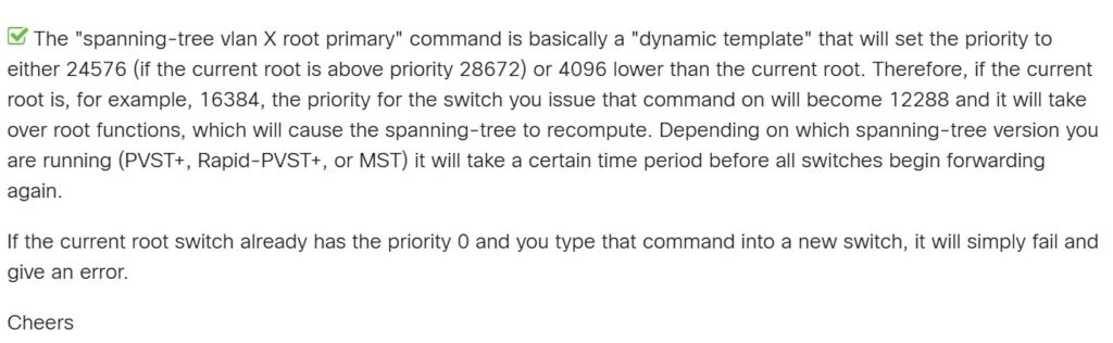 Cisco community accepted solution explaining spanning-tree root primary priority calculation