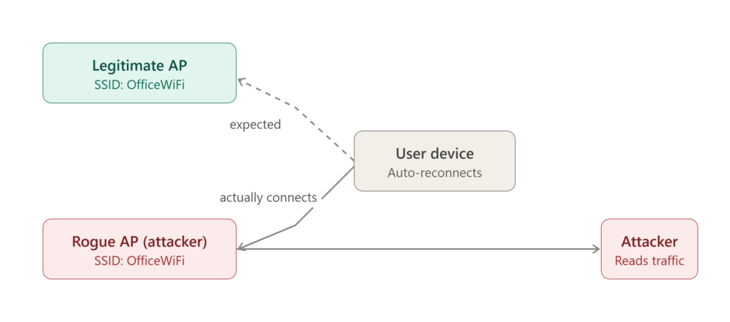 Diagram showing an evil twin attack where a device connects to a rogue access point using the same SSID as the legitimate one