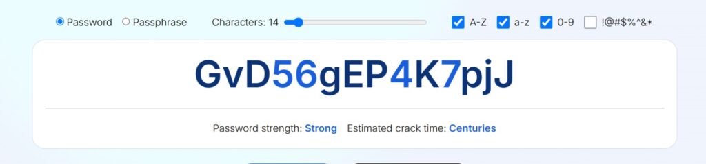 Password generator tool creating a strong random password with an estimated crack time of centuries