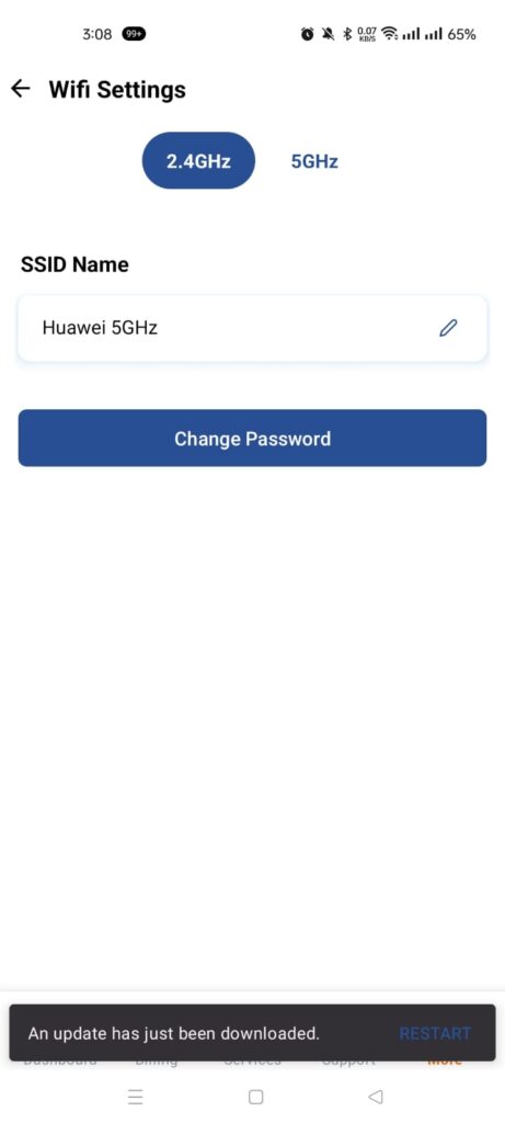 Nayatel app WiFi settings screen with SSID name and change password button