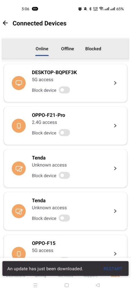 Nayatel app connected devices list with online devices and block device toggles