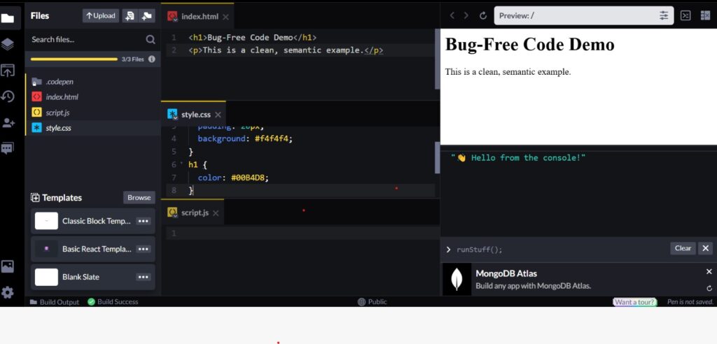 Bug-Free HTML CSS JavaScript CodePen console error example