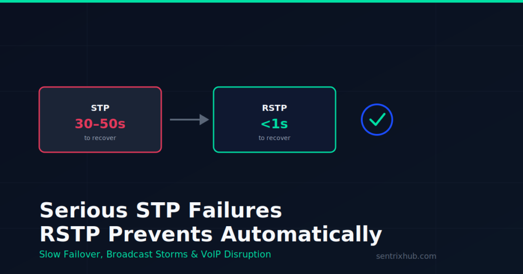 Serious STP failures that RSTP prevents automatically — STP vs RSTP recovery time comparison