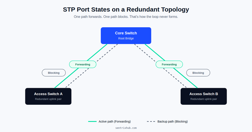 STP port states diagram showing forwarding and blocking links between core and access switches