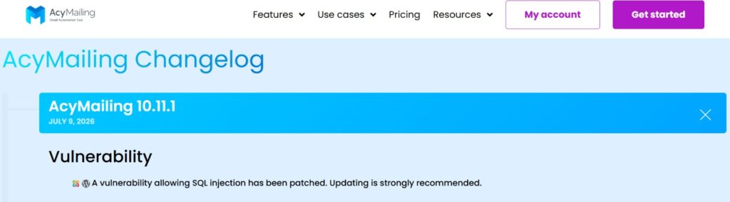 AcyMailing official changelog version 10.11.1 vulnerability fix