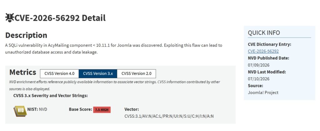 CVE-2026-56292 NVD detail showing CVSS 7.5 High score