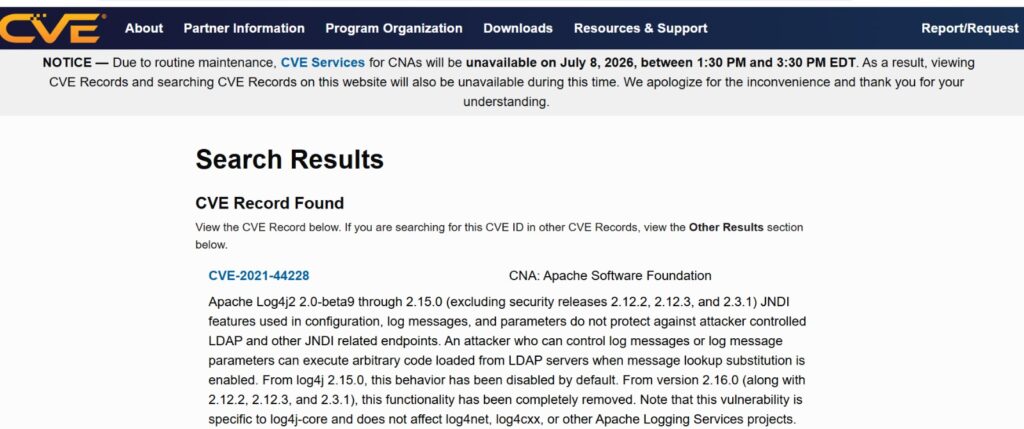 CVE-2021-44228 Log4Shell record on cve.org