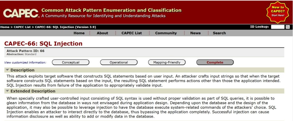 CAPEC-66 SQL Injection attack pattern on MITRE