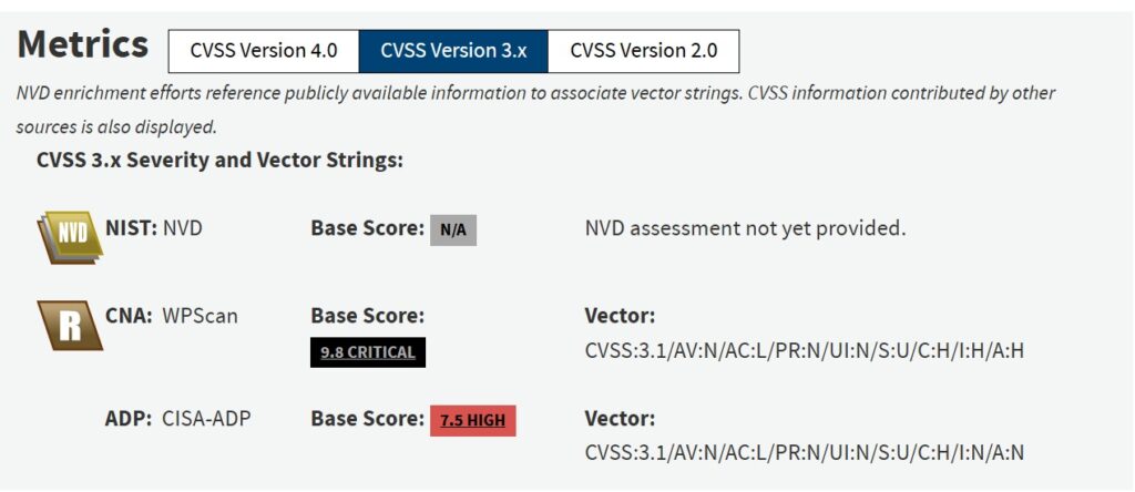 NVD CVSS metrics showing WPScan rating 9.8 critical and CISA ADP rating 7.5 high for CVE-2026-63030