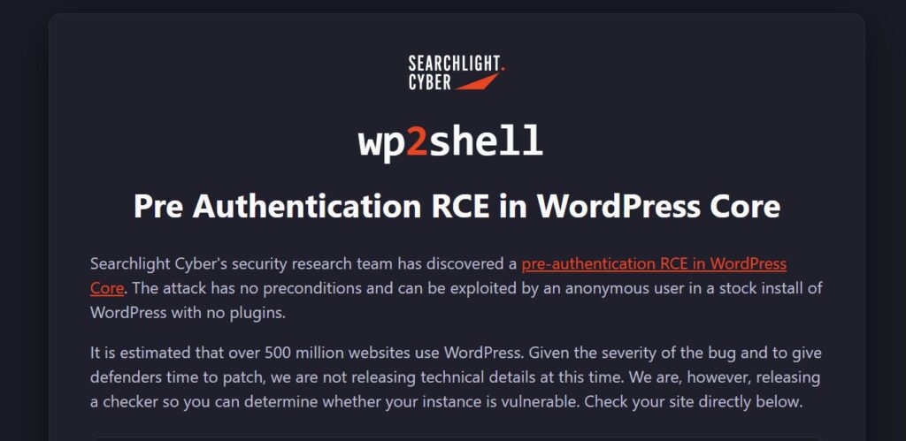 Searchlight Cyber wp2shell advisory page stating technical details are withheld to give defenders time to patch