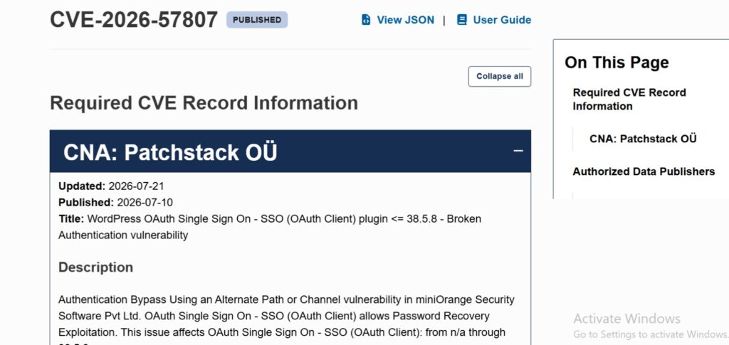 NVD page showing CVE-2026-57807 marked NOT SCHEDULED with CVSS 9.8 critical score from Patchstack