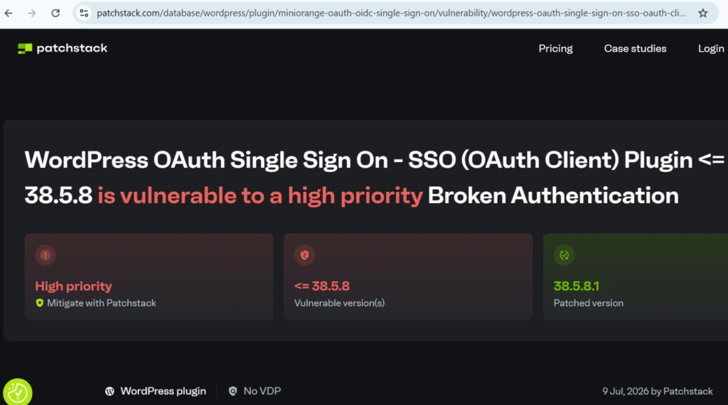 Patchstack advisory page confirming version 38.5.8.1 as patched release for CVE-2026-57807