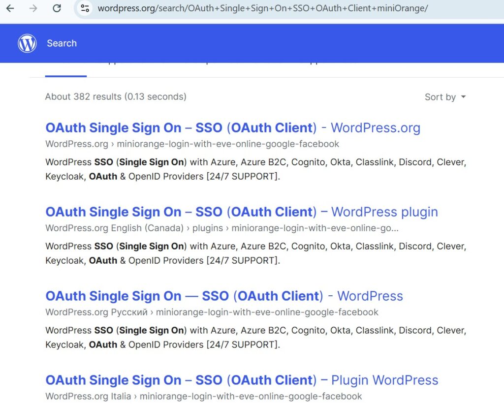 WordPress.org search results showing OAuth Single Sign On plugin name confusion with different slug