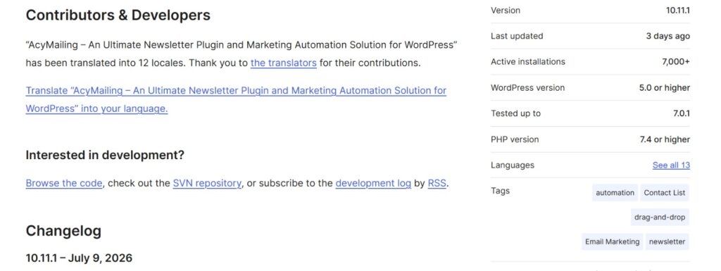 WordPress plugin changelog 10.11.1 July 2026 matching vendor release
