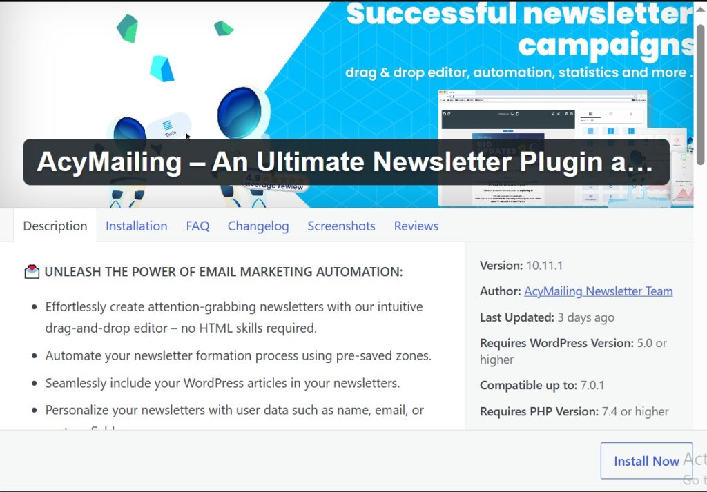AcyMailing WordPress plugin page showing version 10.11.1