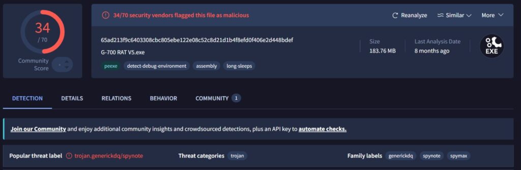 VirusTotal scan result showing 34 of 70 antivirus vendors detecting a G700 CraxsRAT sample as malicious, with SpyNote and SpyMax family labels