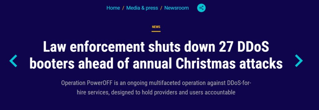 Europol press release announcing Operation PowerOFF crackdown on 27 DDoS booter services