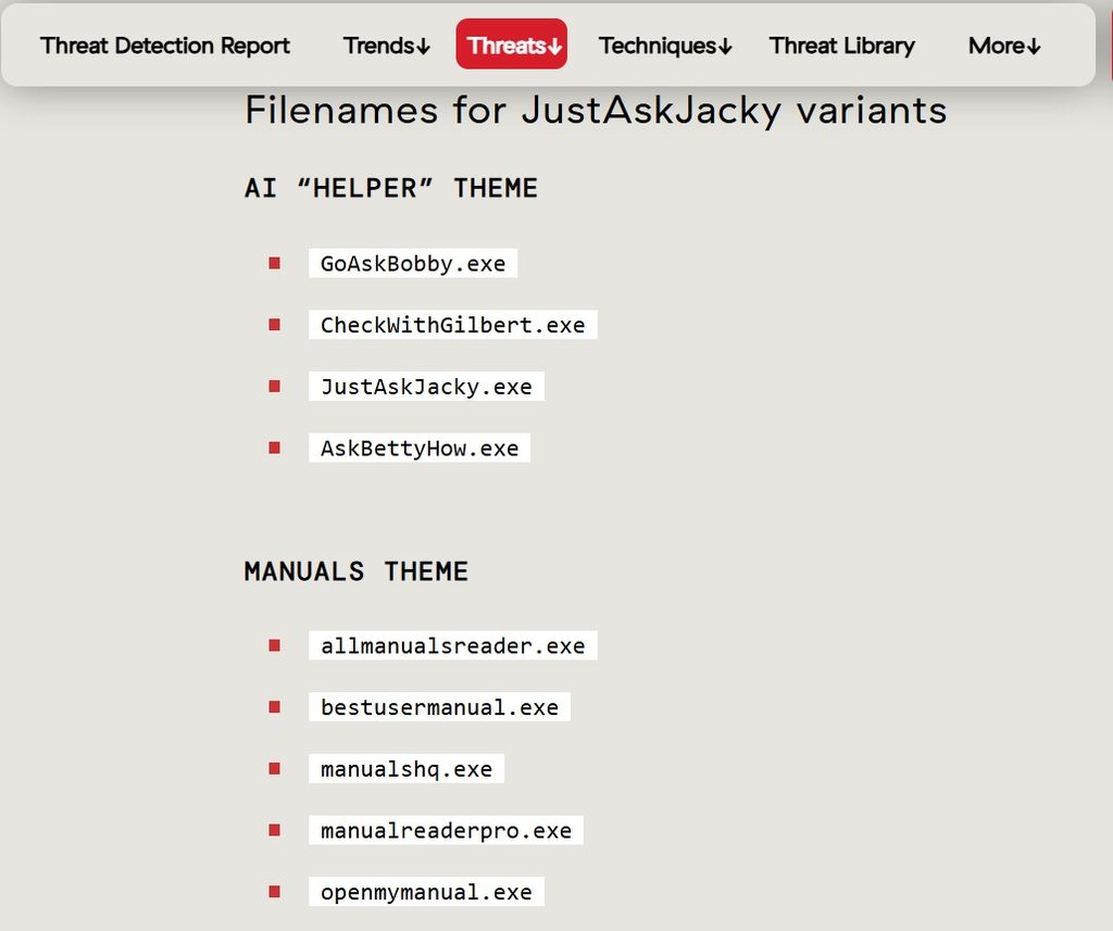 JustAskJacky malware variant filenames including AI helper and manuals theme lures