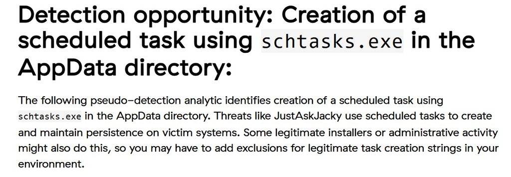 JustAskJacky persistence detection using scheduled task creation via schtasks.exe